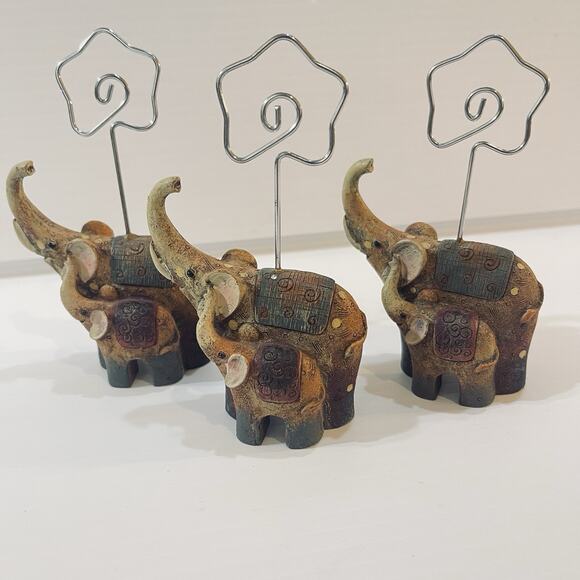 Elephant Photo Holder Set Of 3 Mom With Baby Trunks Up Figurine - Picture 7 of 13